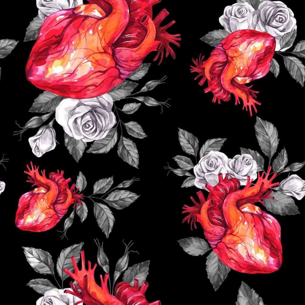 Watercolor seamless pattern, anatomic hearts with sketches of roses and leaves in vintage medieval style. Valentines day illustration. Tattoo art symbol of love. Gothic. Can be use in holidays design.